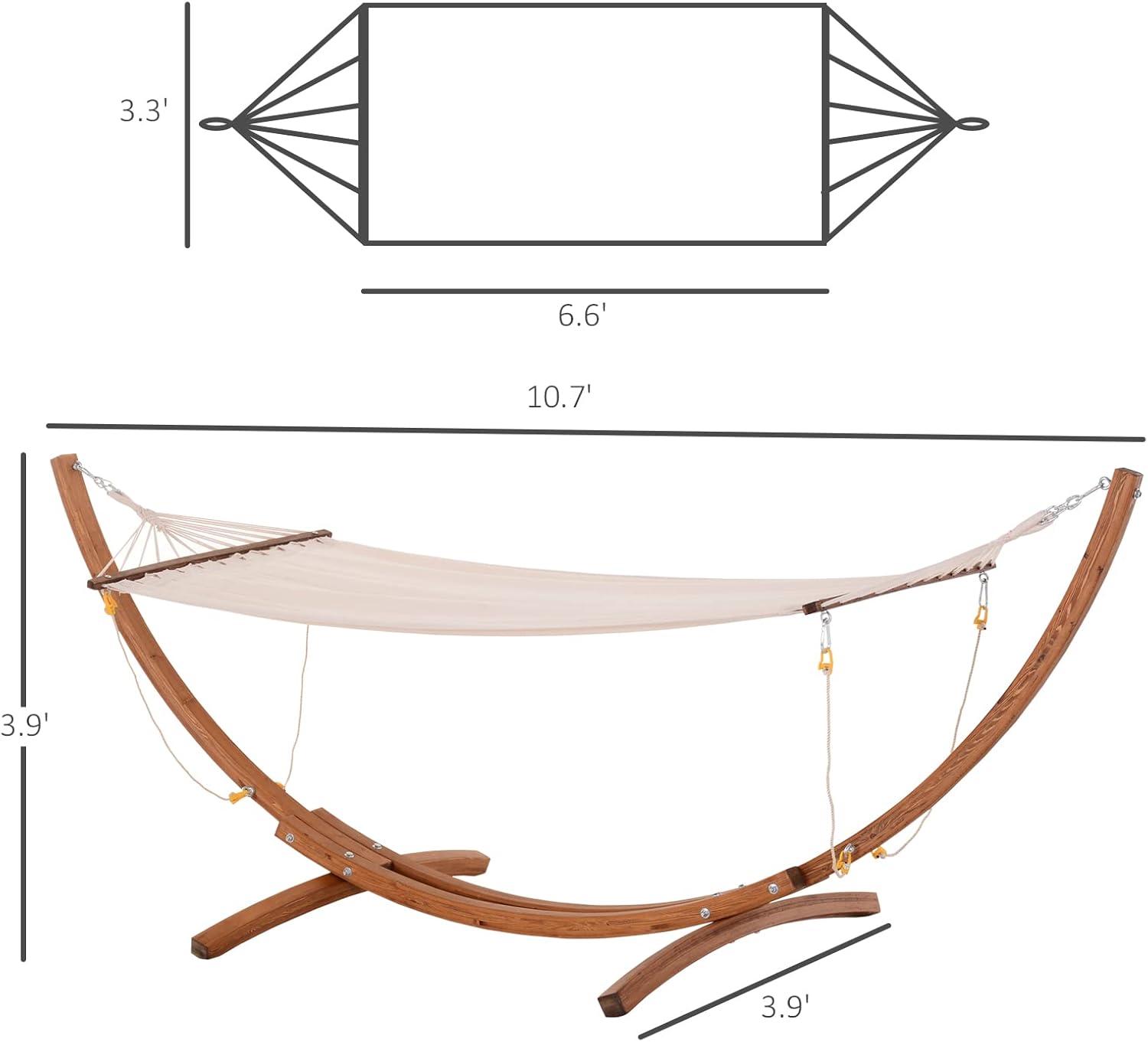 Outsunny Outdoor Hammock with Stand, Heavy Duty Wooden Frame, No Tree Needed, Indoor Outside Boho Style Nap Bed, Natural Cotton, White