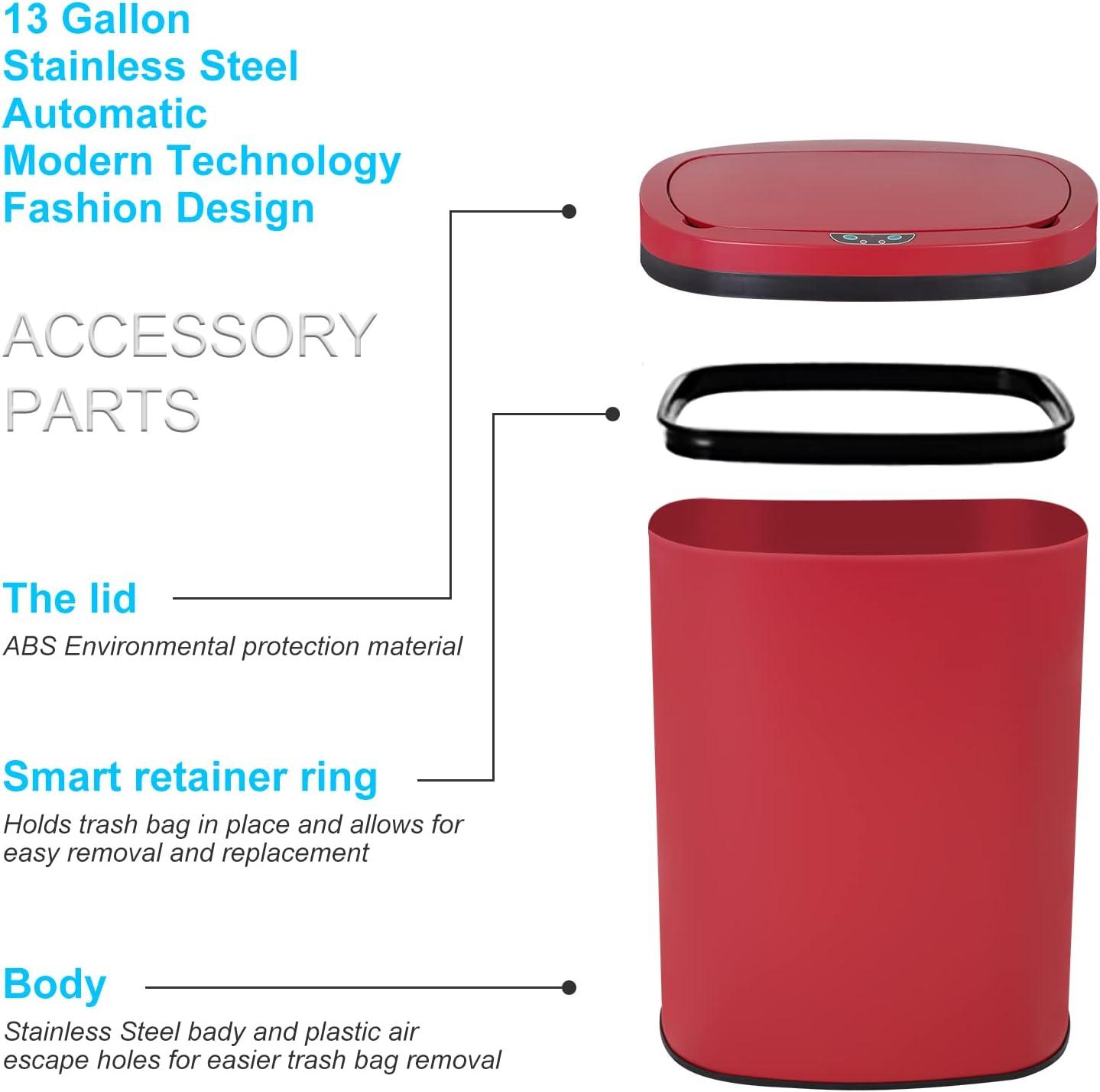 13 Gallon 50L Touch Automatic Stainless Steel Trash Can Garbage Can Metal Trash Bin with Lid for Kitchen Living Room Office Bathroom, Electronic Sensor Automatic Trash Can - Red