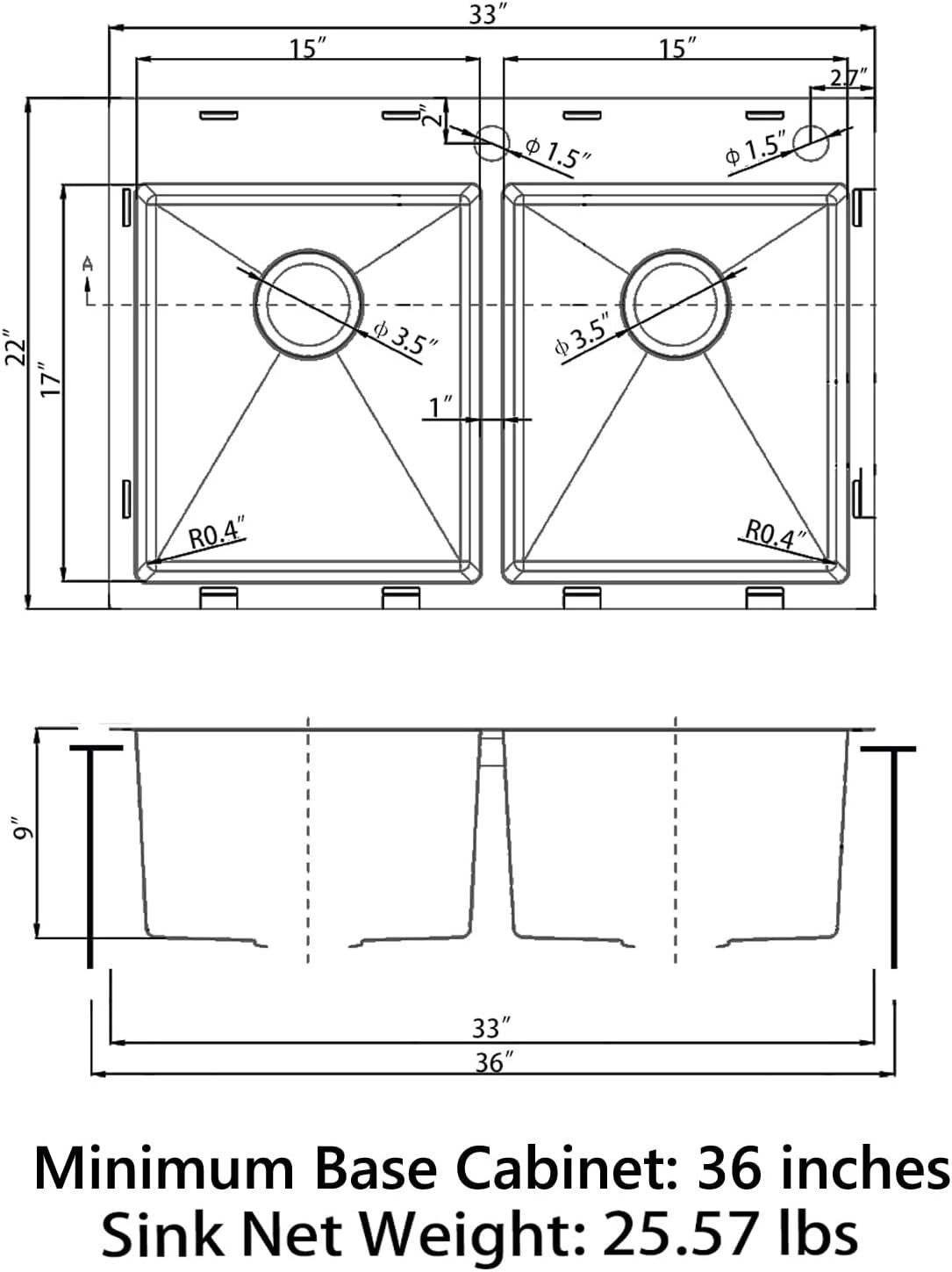 Sinber 33" x 22" Kitchen Sink Drop In Double Bowl with 18 Gauge Stainless Steel