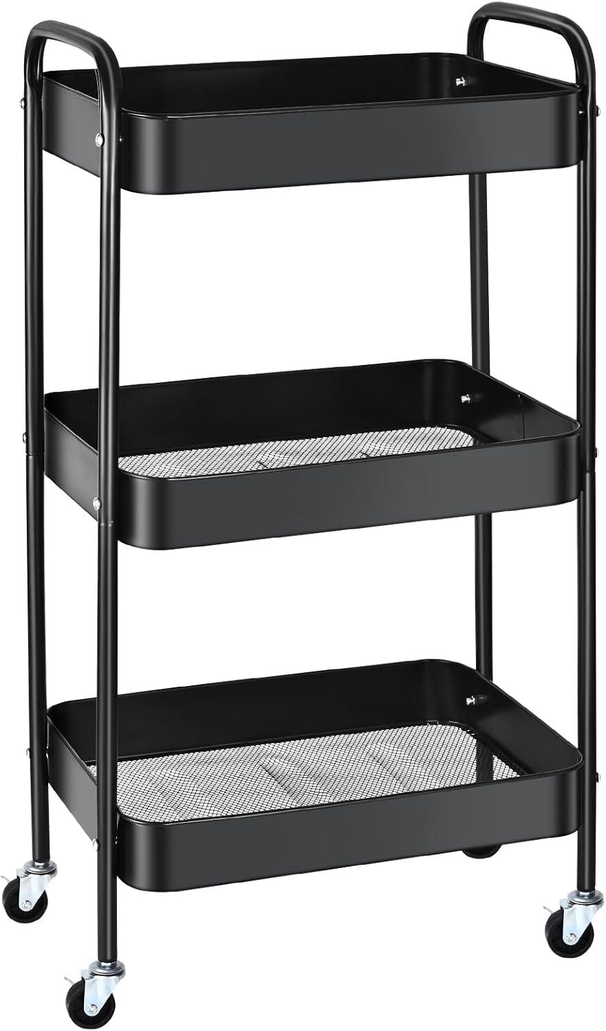 3 Tier Metal Utility Rolling Cart TeqHome Rustproof Storage Trolley with Lockable Wheels Suitable for Office Bathroom Kitchen Garden Black