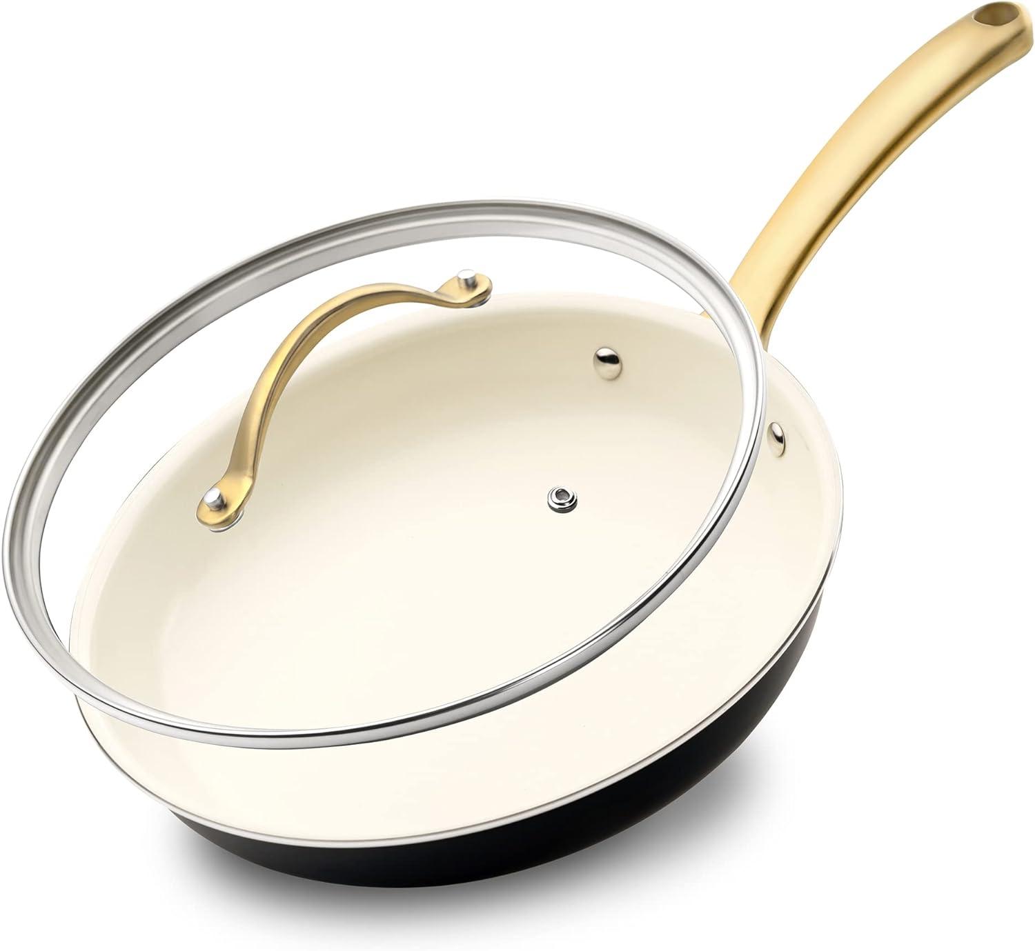 NutriChef 8” Fry Pan With Lid - Small Skillet Nonstick Frying Pan with Golden Titanium Coated Silicone Handle, Ceramic Coating