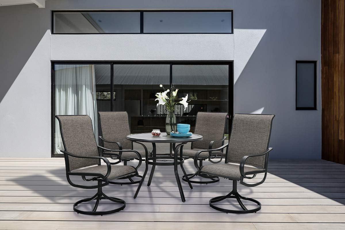 PHI VILLA 5 Piece Outdoor Patio Dining Set with 4 Swivel Dining Chairs & 1 Wood-Like Dining Table, All Weather Blue Textilene Mesh Fabric Chair and Square Metal Table for Deck Lawn Garden