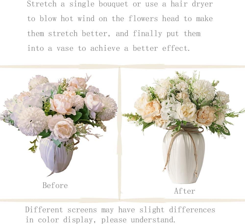 JARELING Peonies Artificial Flowers in Vase, Fake Hydrangea Silk Peony Flower Bouquet with Vase Faux Flowers Arrangement Decor Home Table Dining Room (White)