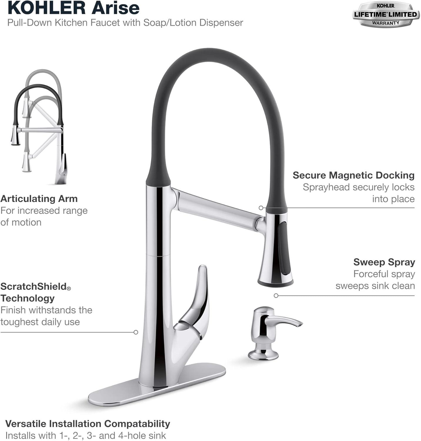 Polished Chrome Articulating Pull-Down Kitchen Faucet with Soap Dispenser