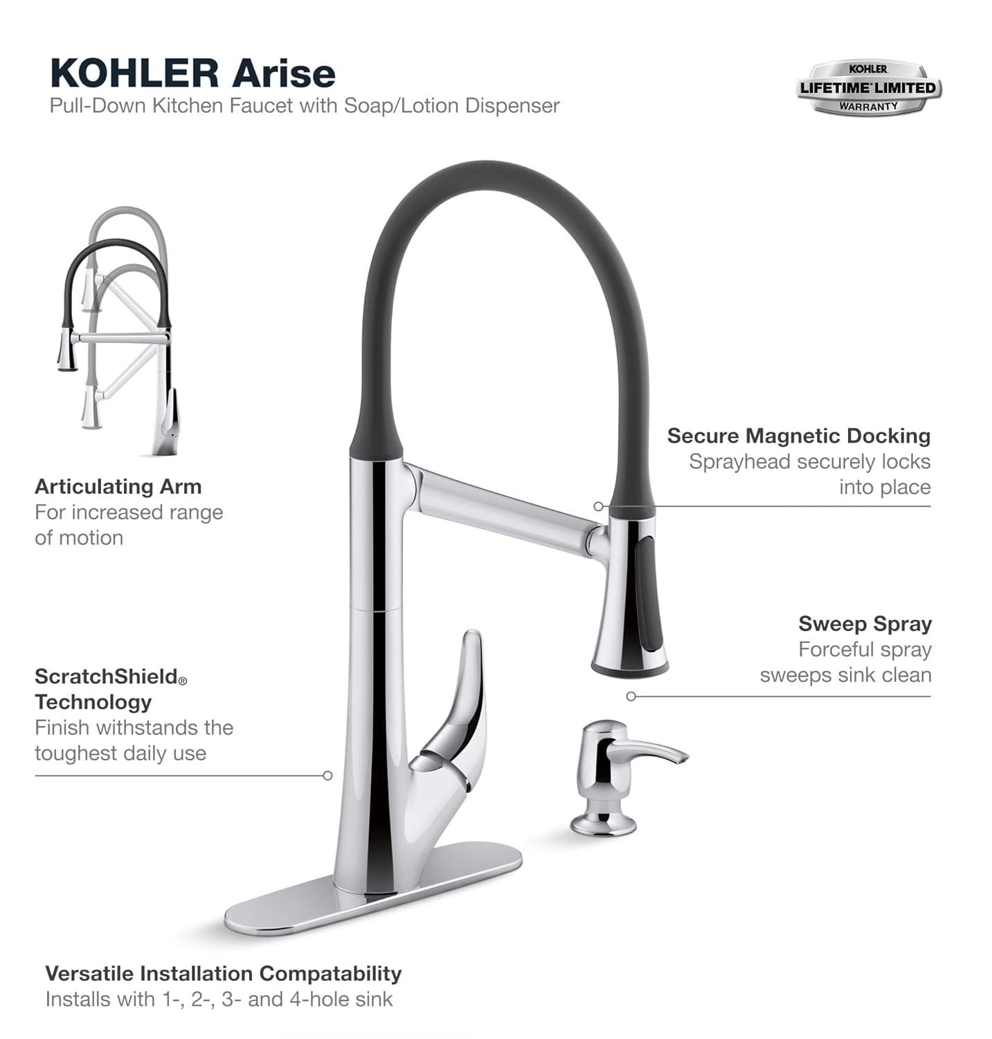 KOHLER R77764-SD-CP Arise Articulating Pull Down Kitchen Faucet, Kitchen Faucet with Pul Down Sprayer and Soap Dispenser, Polished Chrome
