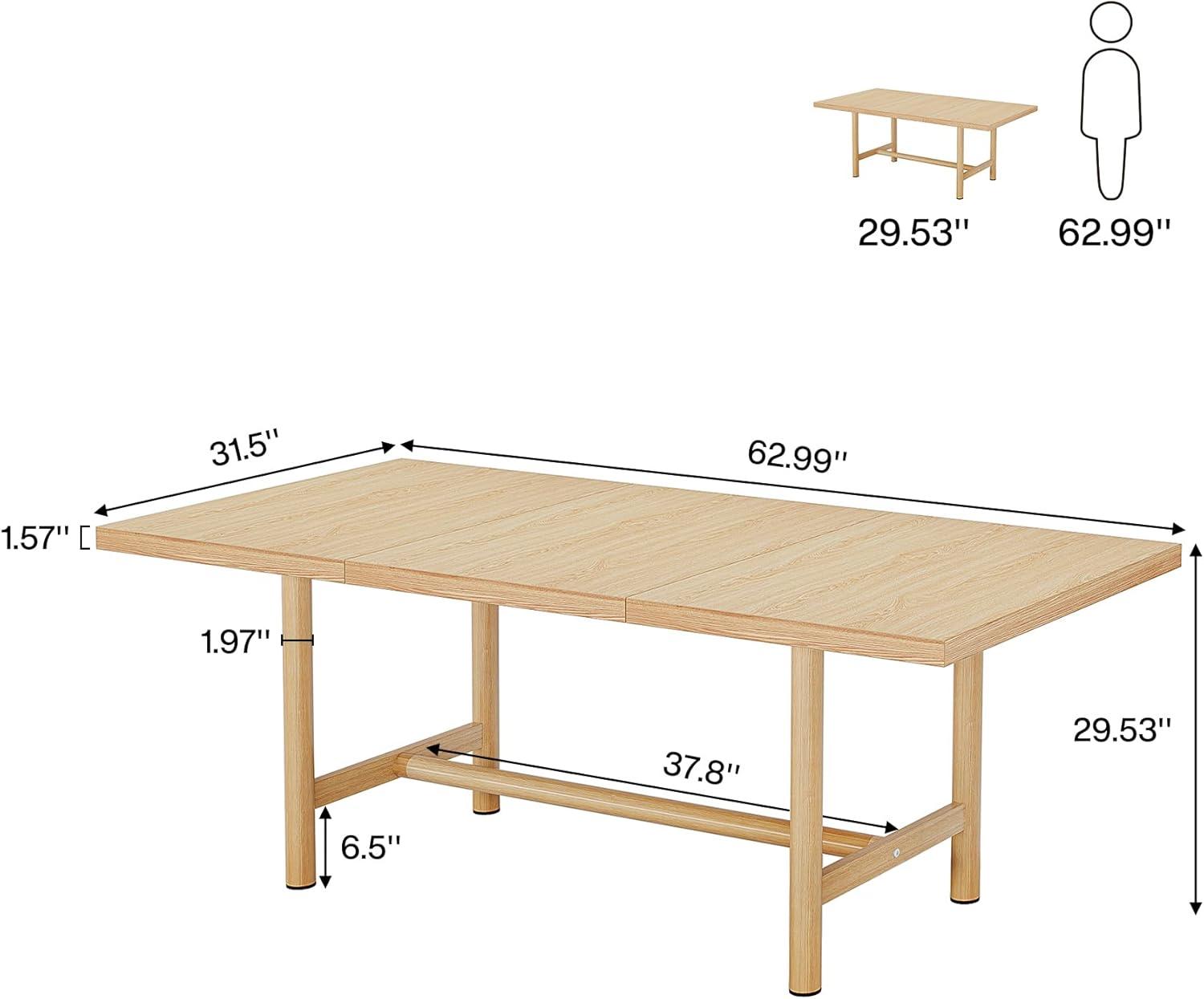 Natural Wood Rectangular Farmhouse Dining Table with Metal Legs