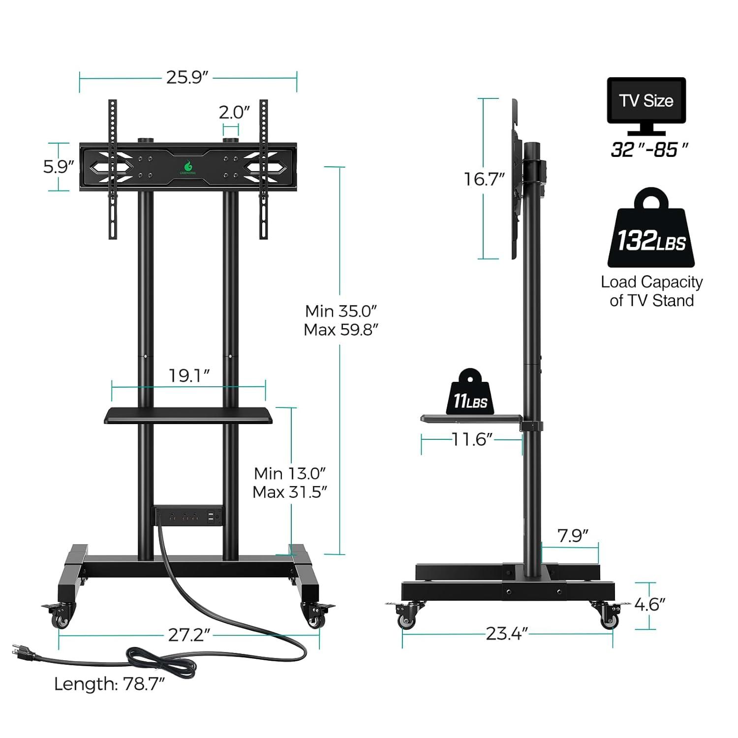 GREENSTELL TV Stand with Power Outlet, Mobile TV Cart on Wheels for 32-85 inch LED LCD Flat Curved Panel Screen TVs, up to 132lbs, Height Adjustable Rolling TV Stand with AV Shelf, Max VESA 600x400mm