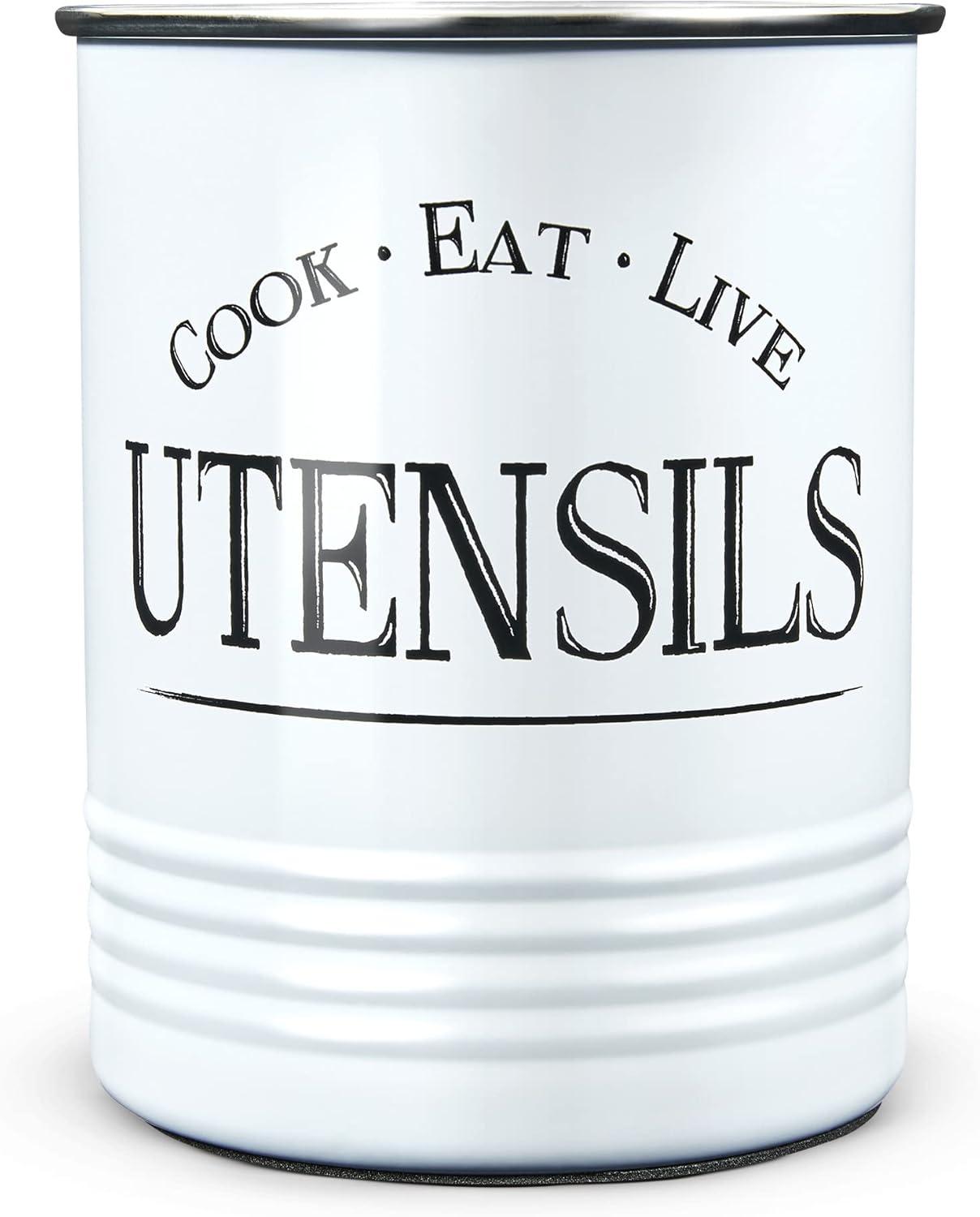 Walford Home Farmhouse Kitchen Utensil Holder Crock, White Steel and Premium Padded Base