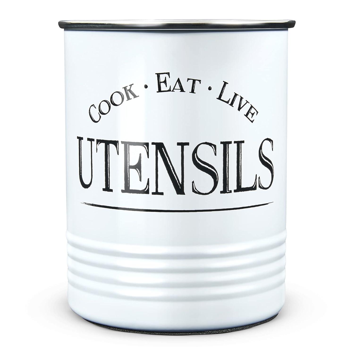 Walford Home Farmhouse Kitchen Utensil Holder Crock, White Steel and Premium Padded Base