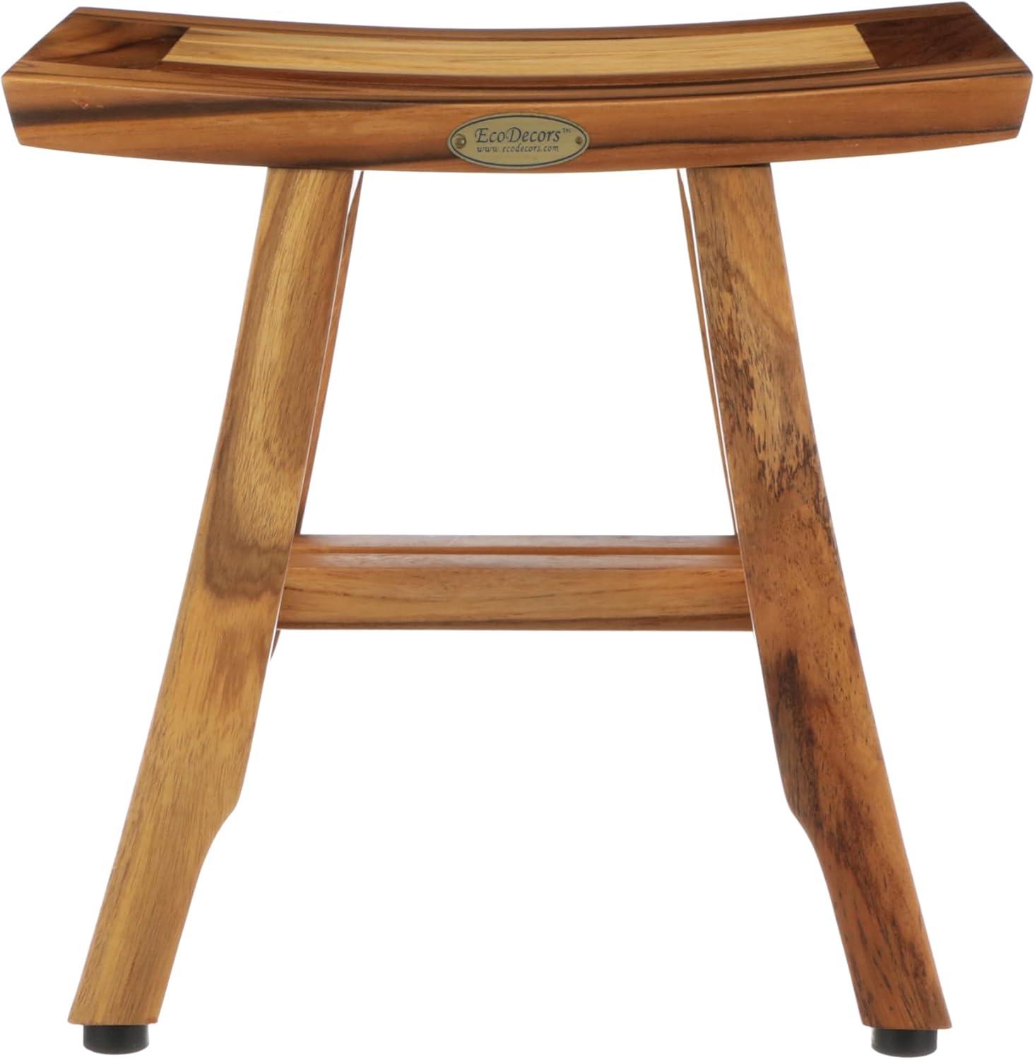 EcoDecors® Satori® 14" Solid Teak Shower Bench, Water-Resistant Bath Stool with Adjustable Feet, EarthyTeak Finish, Indoor/Outdoor Use