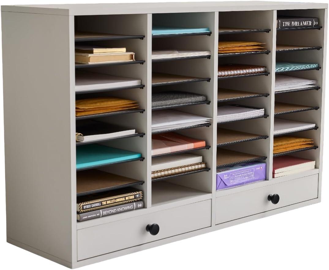 Wood Adjustable Literature Organizer, 32 Compartments with 2 Drawers