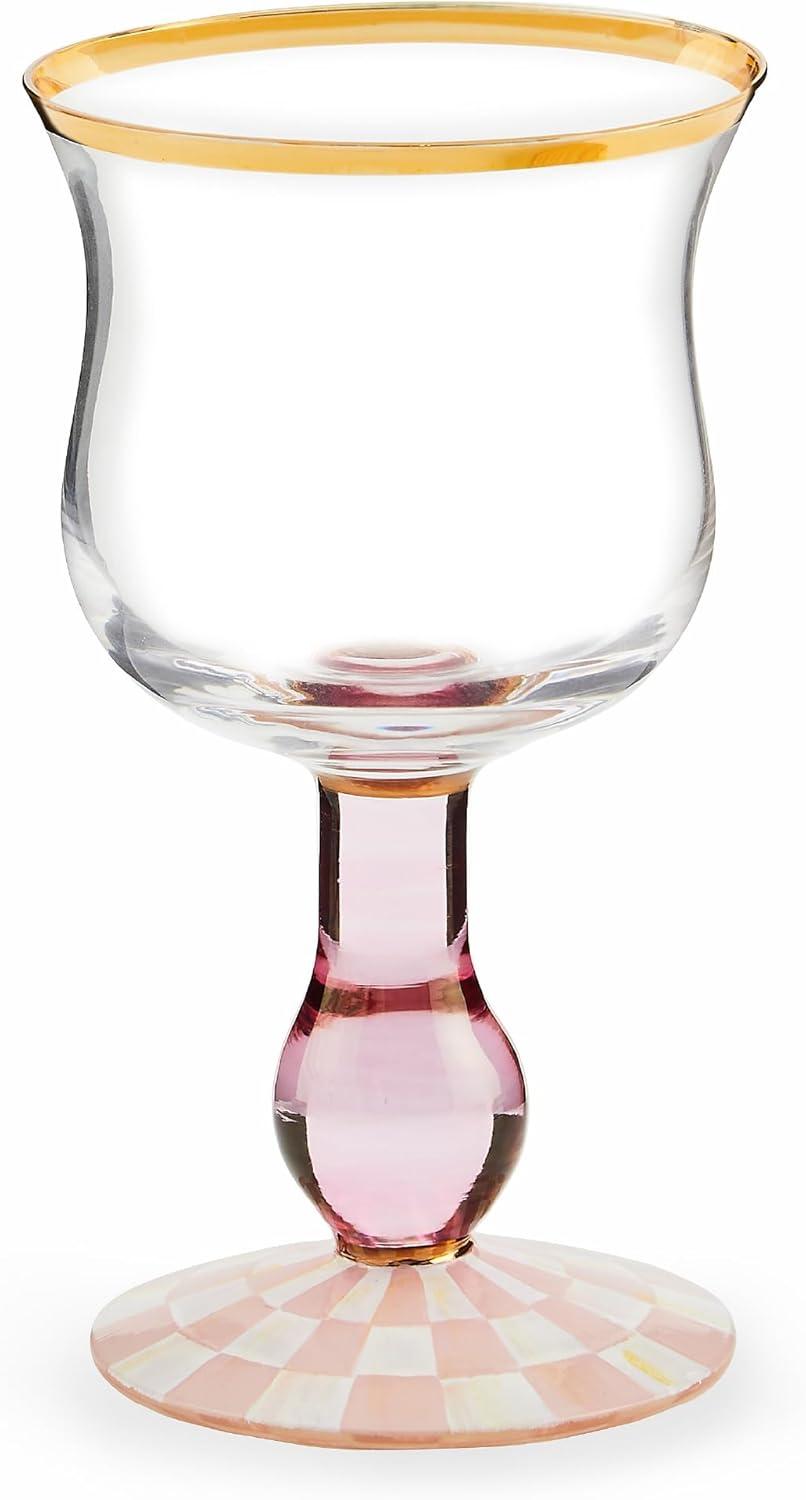 Pink and White Rosy Check Stemmed Wine Glass with Gold Rim