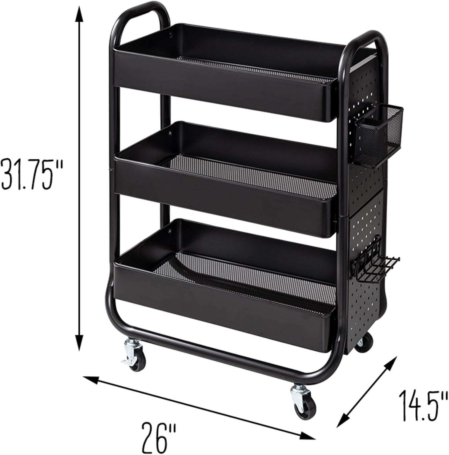 Black Metal 3-Tier Rolling Cart with Pegboard and Accessories