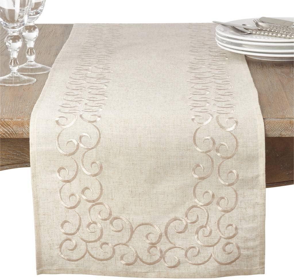 Natural Linen Blend Embroidered Table Runner, 16" x 90"