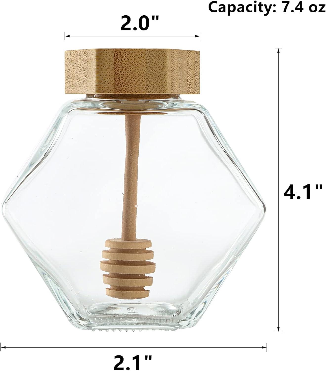 Hexagonal Clear Glass Honey Pots with Wooden Dippers, 7 oz, Set of 4