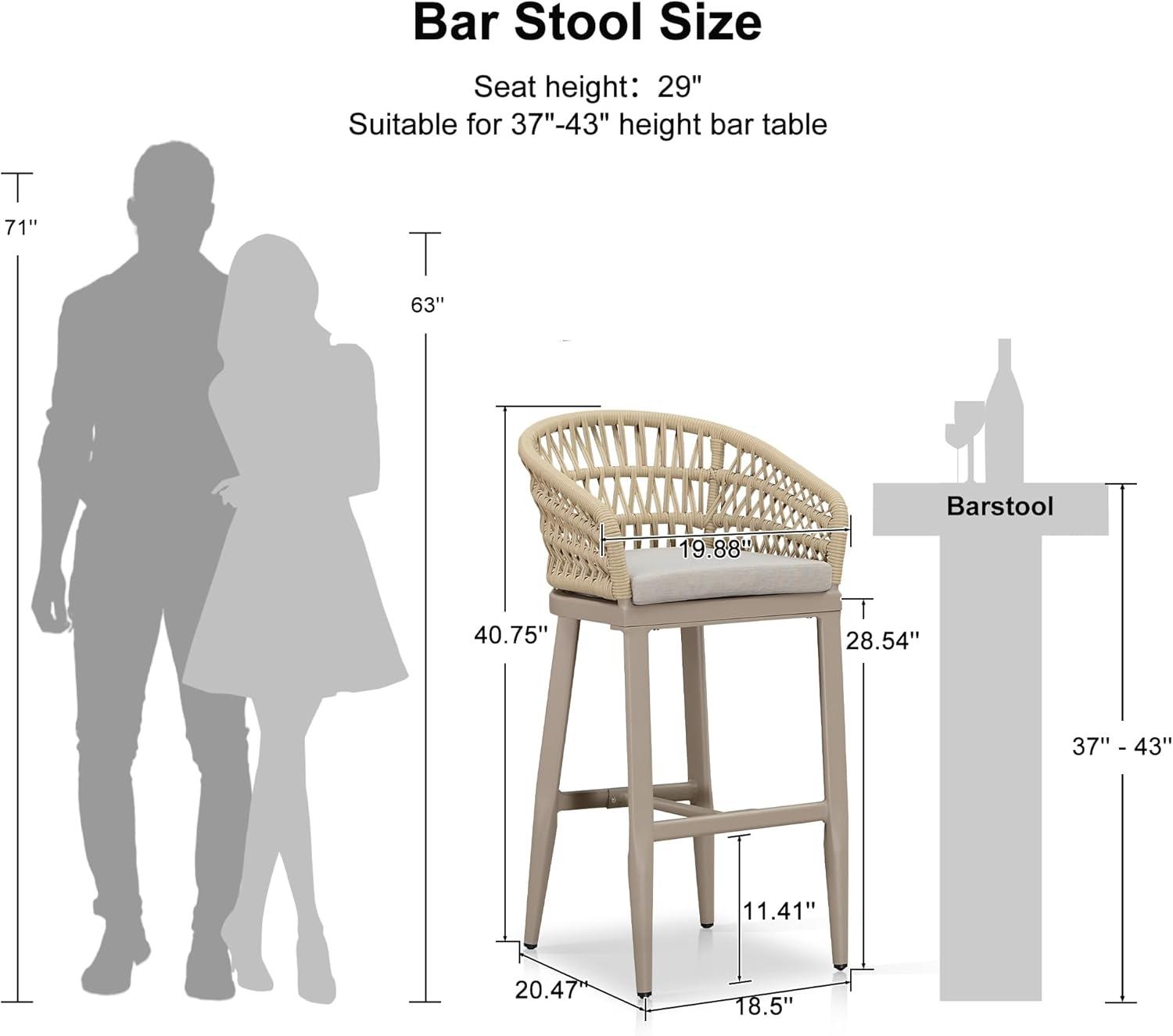 Champagne Aluminum and Rattan Bar Stools with Cushions, Set of 2