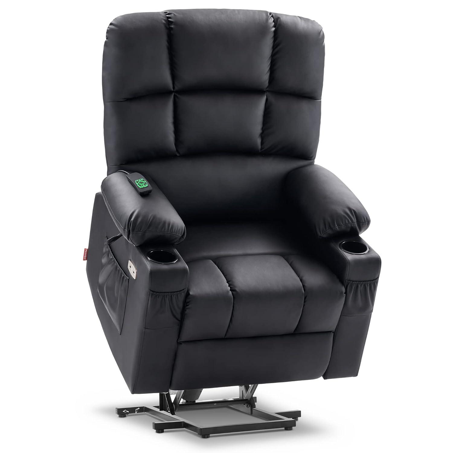 MCombo Dual Motor Large Power Lift Recliner Chair with Massage and Heat for Elderly Big and Tall People, Infinite Position, Extended Footrest, Faux Leather 7680 (Black, Large)