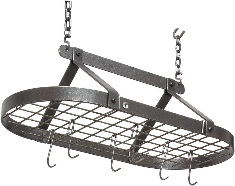 Hammered Steel Oval Ceiling Pot Rack with Hooks