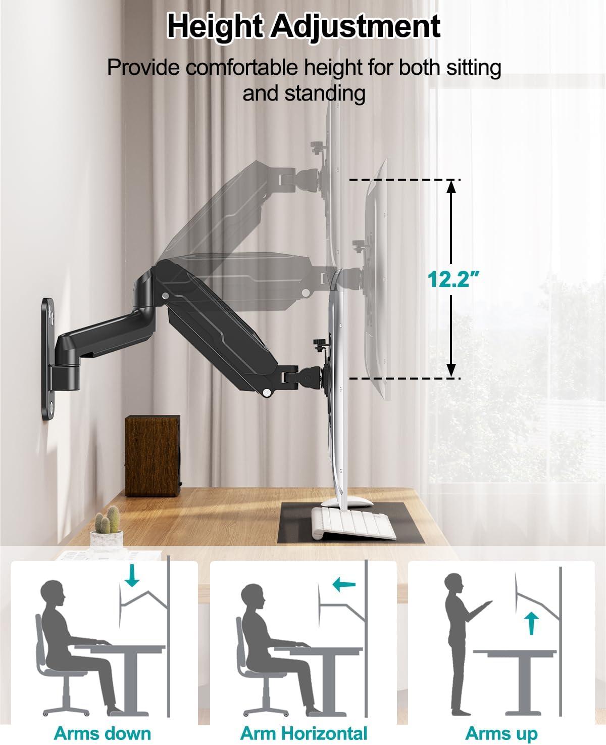 Black Adjustable Gas Spring Single Monitor Wall Mount for 13 to 32 Inch Screens