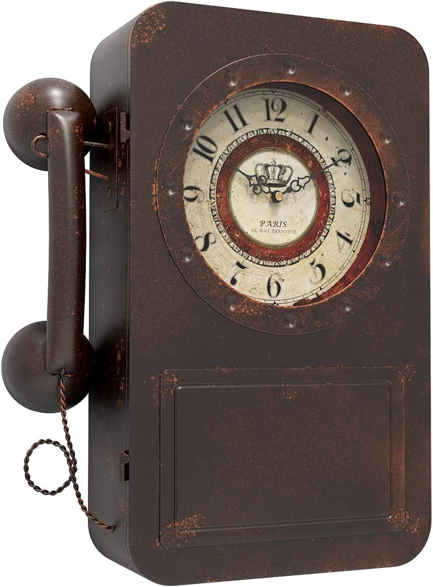 Vintage Brown Metal Telephone Wall Clock with Hidden Safe