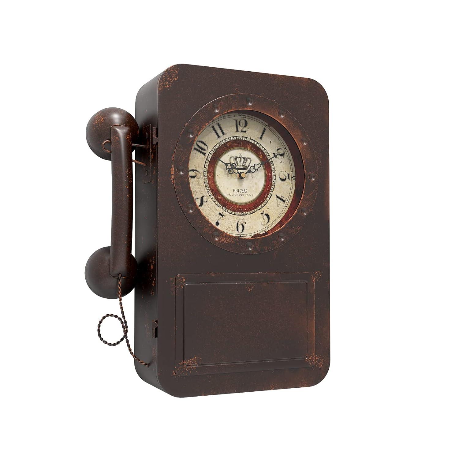 Retro Old Telephone Wall Clock with Hidden Safe, Battery Operated Quartz Metal Wall Clocks, Large Rectangular Vintage Decor Clocks, for Farmhouse, Living Room(16" H x 12" W x 4" D)