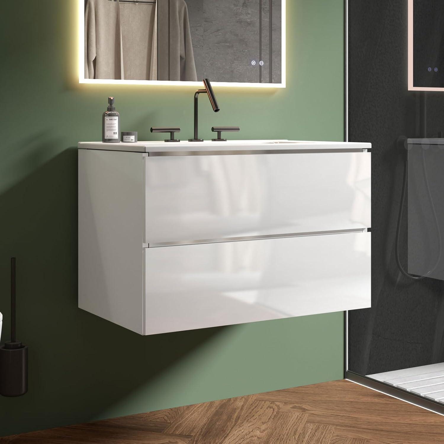 Little Tulip 30" Floating Bathroom Vanity with 3-Hole Ceramic Sink, Contemporary Bathroom Cabinet with 2 Drawers, White