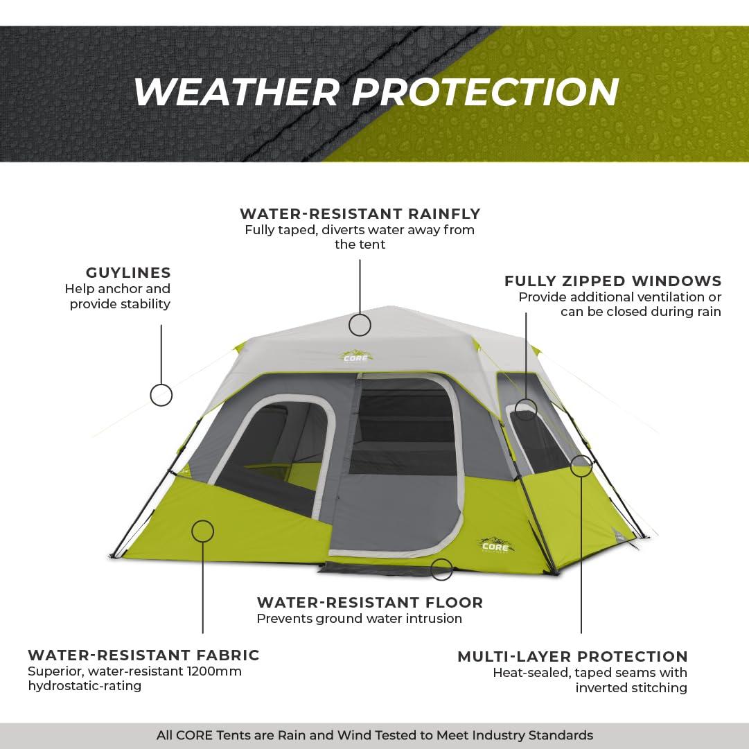 CORE Instant Cabin Tents | 6 Person / 9 Person / 10 Person / 12 Person Family Cabin Multi Room Pop Up Tents Car Camping | Included Storage Pockets for Camping Accessories