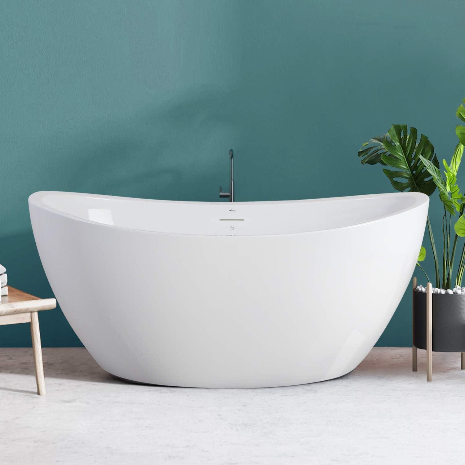 Naha 59" White Acrylic Freestanding Soaking Bathtub with Brushed Nickel Drain