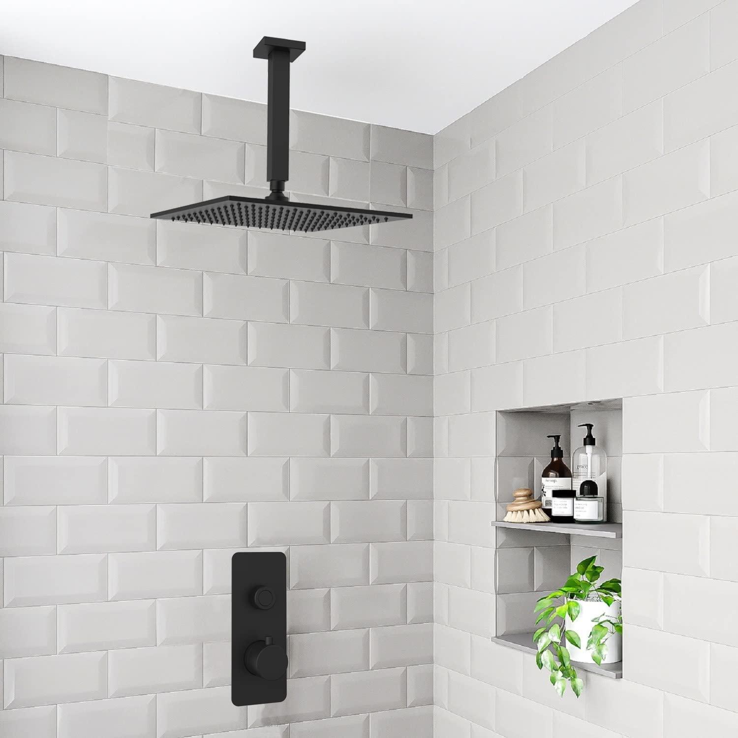 Aquaiaw Shower Head, 12 inch Fixed Rain Head Shower, Seamless Laser Soldered 304 Stainless Steel, 1-Piece Construction, Matte Black, Square, Wall or Ceiling High Pressure Shower, 2.5 GPM, Brass Joint
