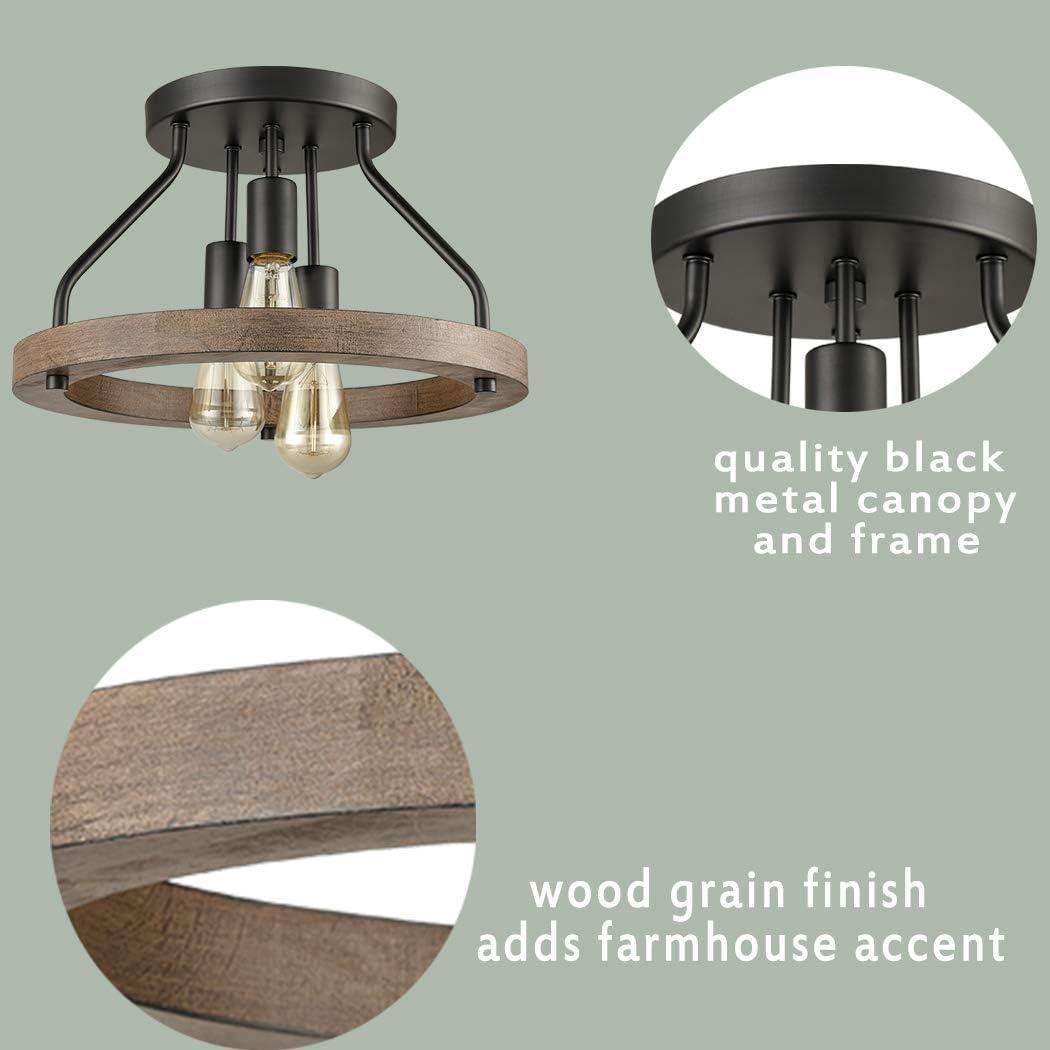 Farmhouse Flush Mount Ceiling Light Black Metal Lighting with Wood Grain Finish