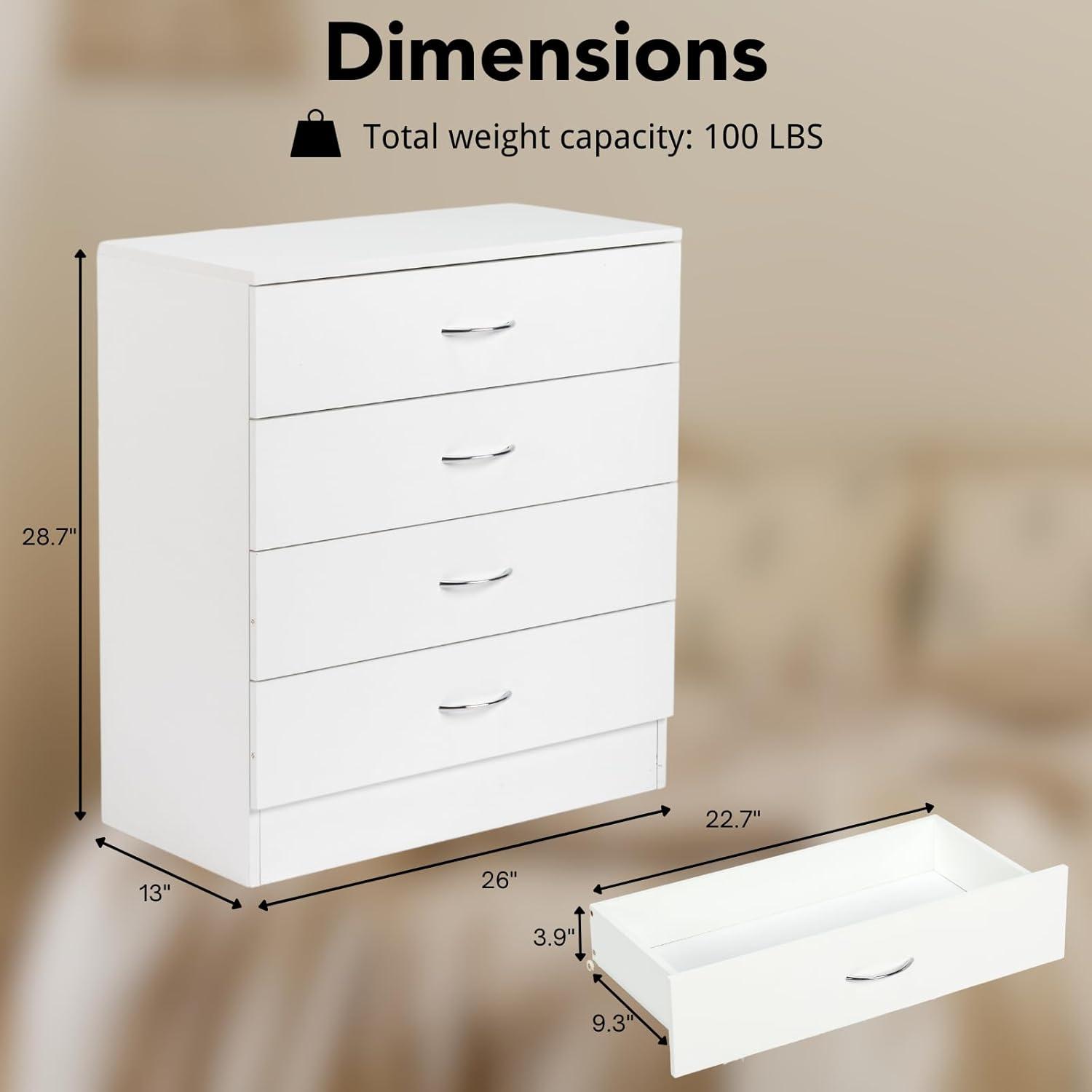 XIAOTAO White 4 Drawer Dresser for Bedroom, Modern Nightstand Storage Chest of Drawer, Wooden Side Table End Table, Living Room, Reception Room