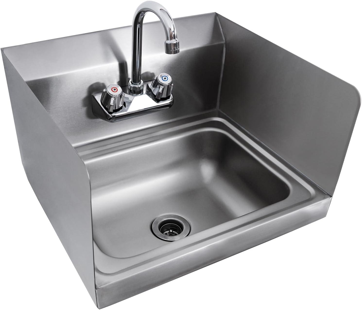 Tangkula Stainless Steel Sink NSF Wall Mount Hand Washing Sink with Faucet & Side Splash