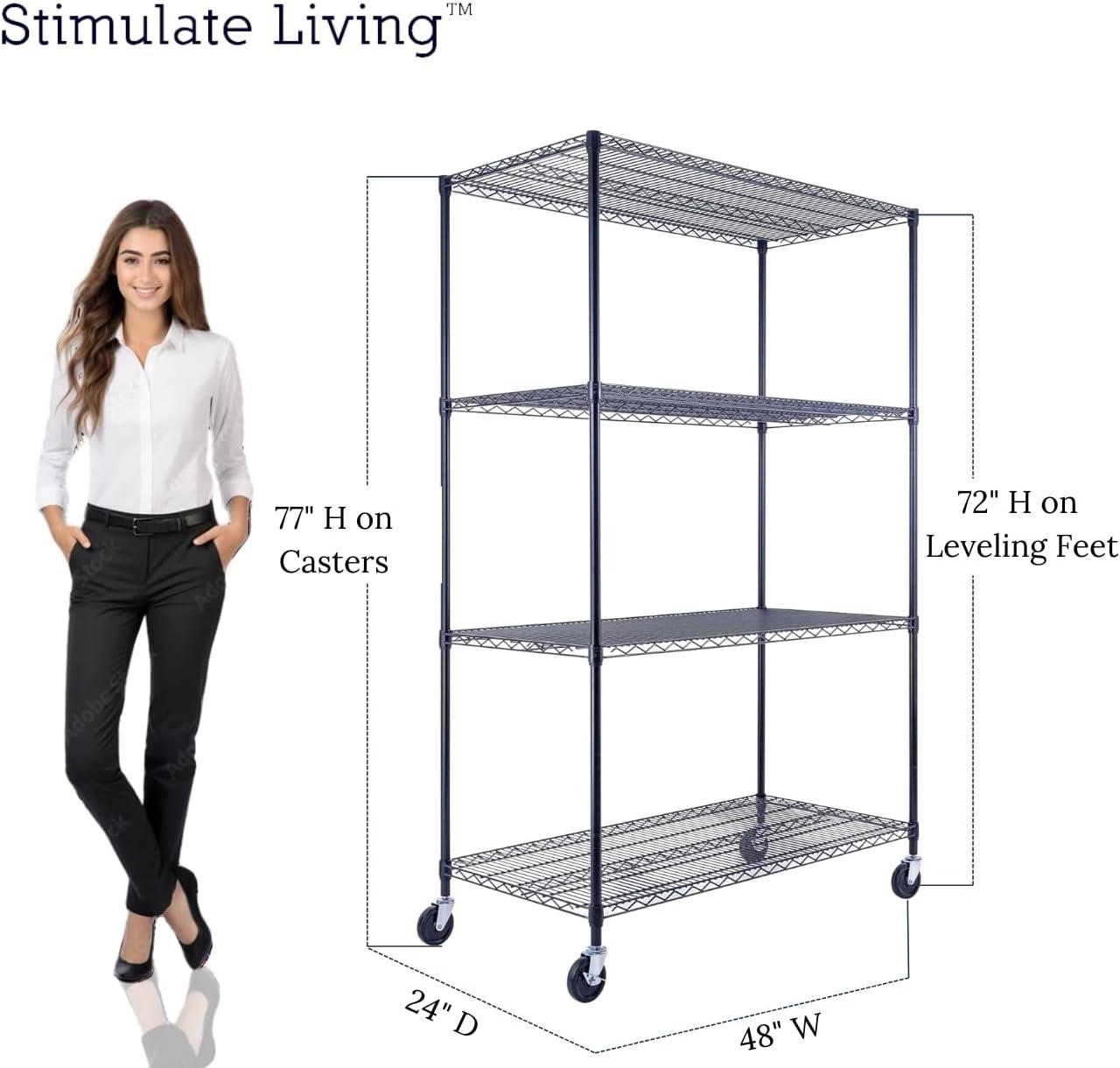 48"x24"x72" Prime Heavy Duty Black 4-Tier Wire Shelving NSF 3200 LBS MAX Capacity Storage Rack for Commercial, Hospital, School, Garage, and Kitchen Uses (with Wheels)