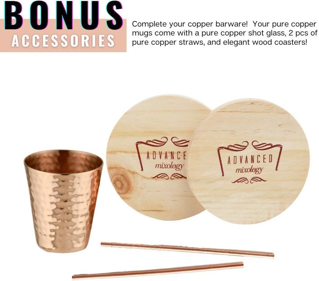 Advanced Mixology Moscow Mule Copper Mugs - Set of 2 - 100% HANDCRAFTED - Pure Solid Copper Mugs 16 oz Gift Set with BONUS: Artisan Wooden Coasters, Cocktail Copper Straws, and Shot Glass!