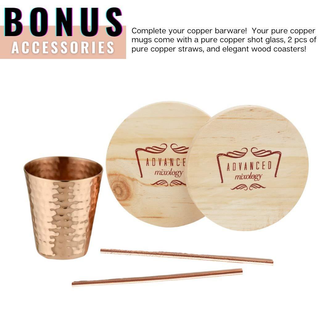 Advanced Mixology Moscow Mule Copper Mugs - Set of 2 - 100% HANDCRAFTED - Pure Solid Copper Mugs 16 oz Gift Set with BONUS: Artisan Wooden Coasters, Cocktail Copper Straws, and Shot Glass!