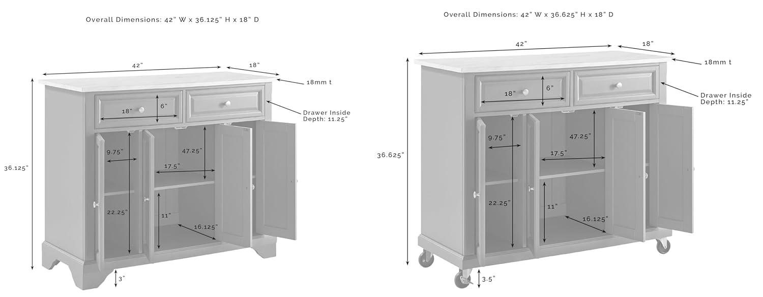 Crosley 42" Avery Kitchen Island/Cart Distressed Black/White Marble: Traditional Style, 6 Shelves, 2 Drawers, Locking Wheels