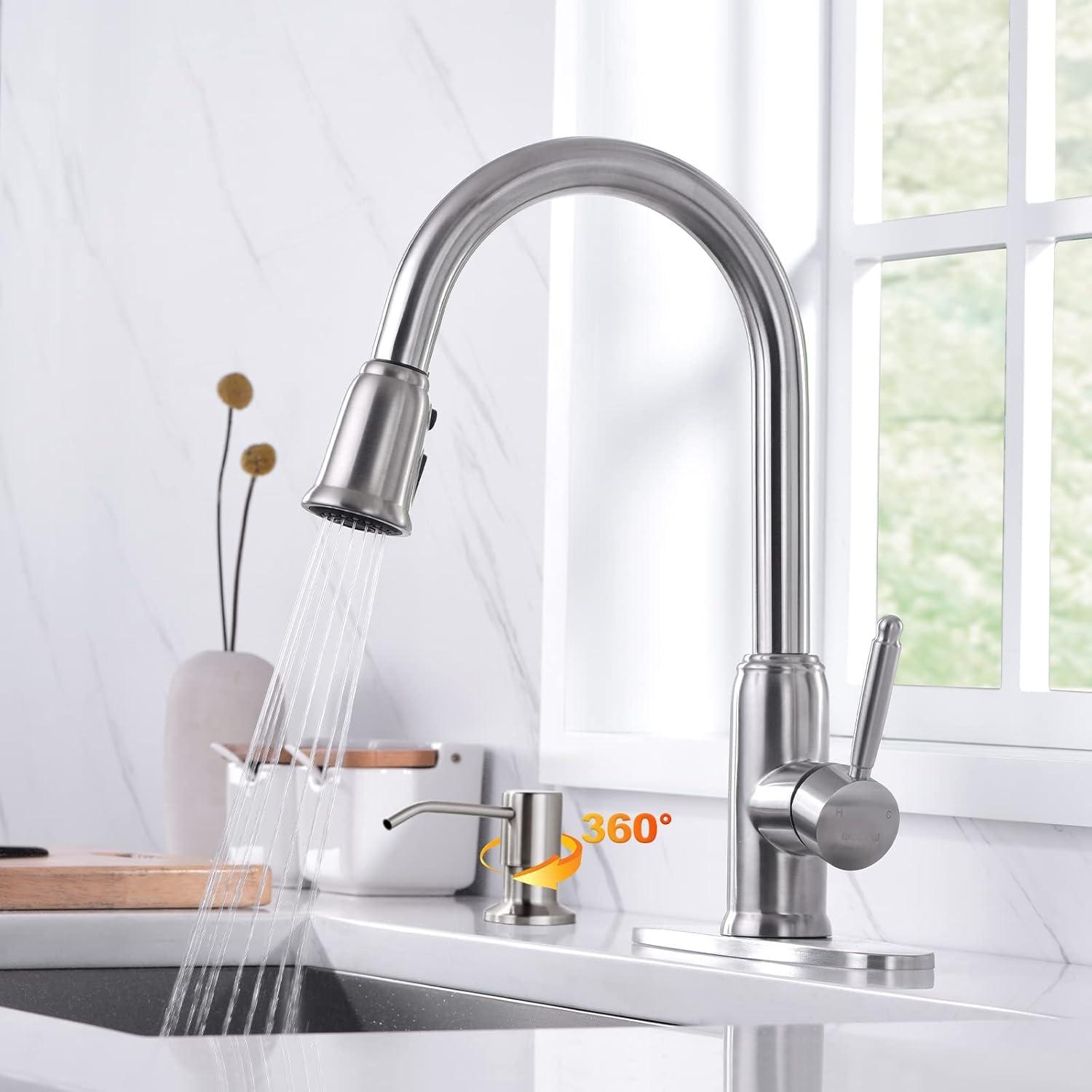 Brushed Nickel High Arc Pull-Down Kitchen Faucet with Soap Dispenser