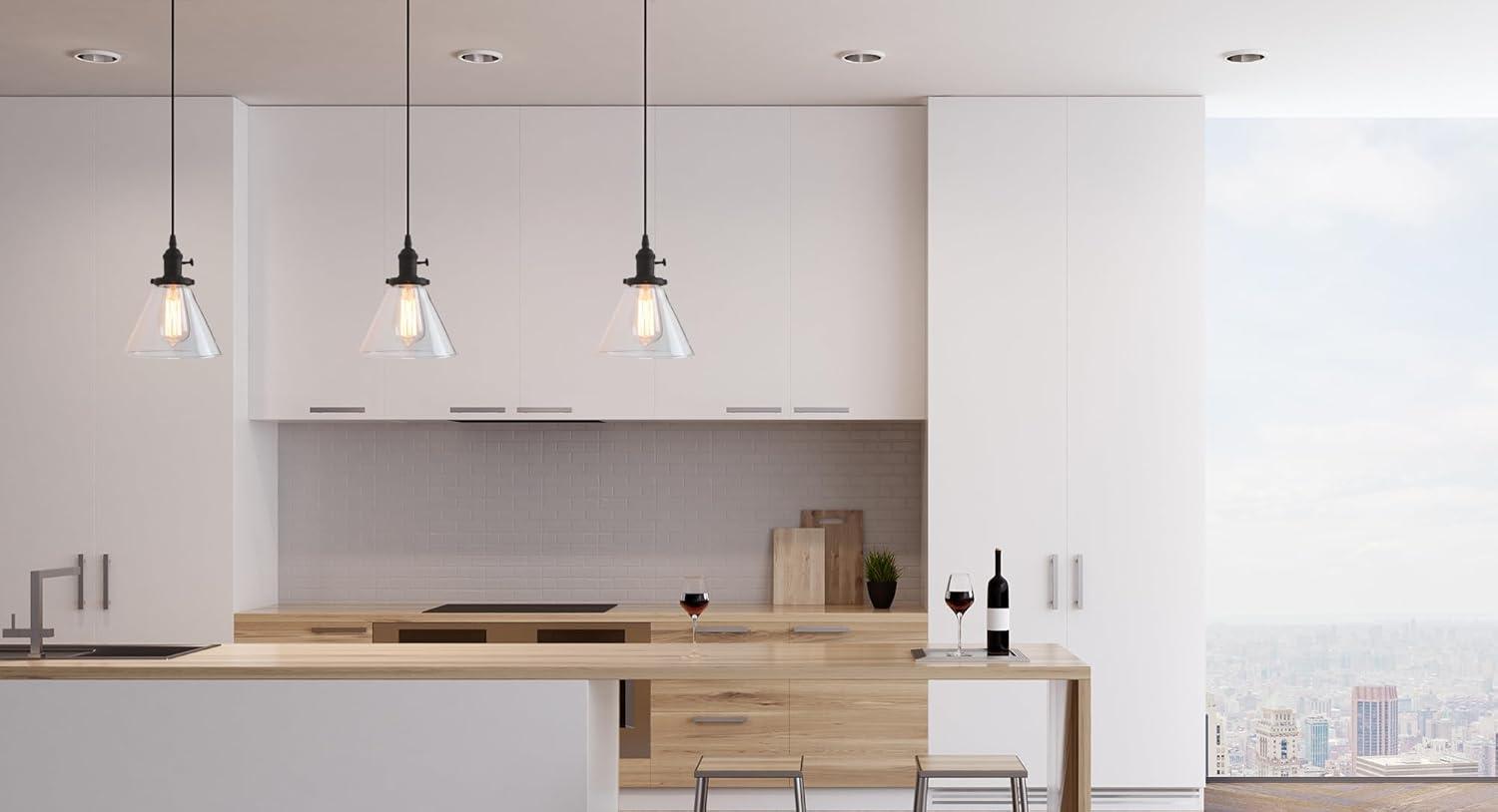 PERMO Vintage Rustic Industrial 3-Lights Kitchen Island Chandelier Triple 3 Heads Pendant Hanging Ceiling Lighting Fixture with Funnel Flared Clear Glass Shade (Black)