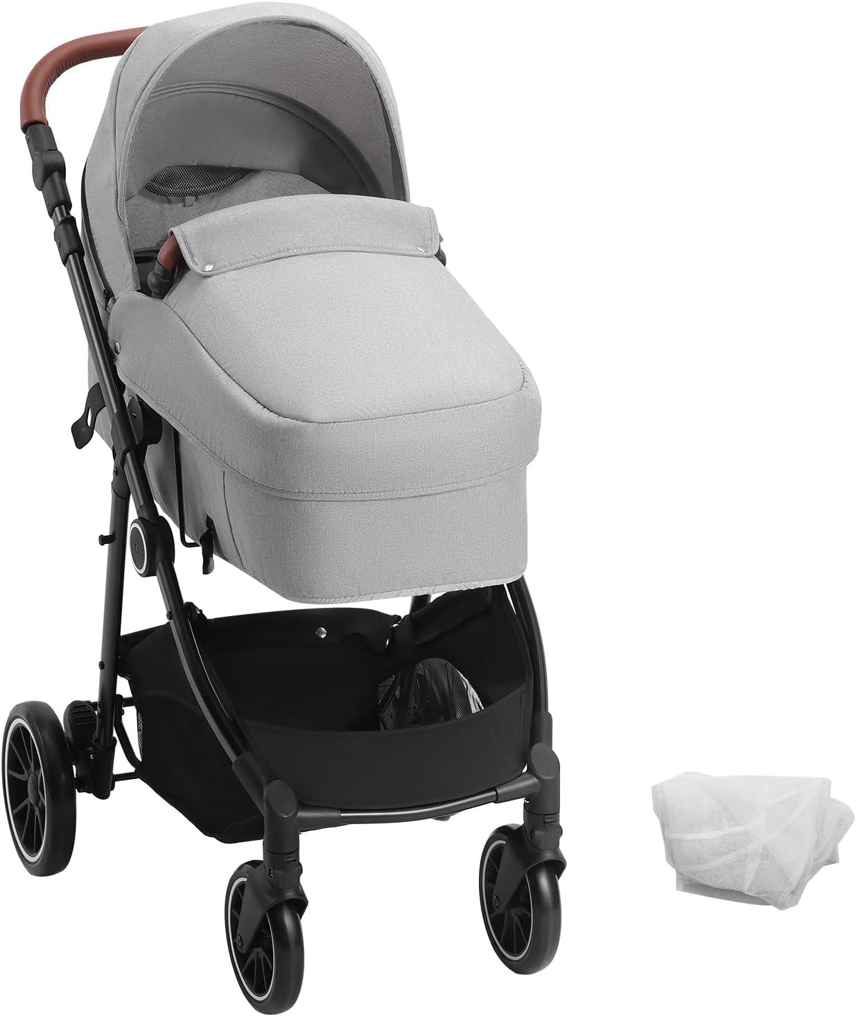 VEVOR Standard Baby Stroller, Infant Toddler Stroller with Bassinet, 3rd-Gear Adjustable Backrest & Foldable & Reversible Seat, Carbon Steel Newborn Stroller with Leg Cover and Mesh Net, Light Grey