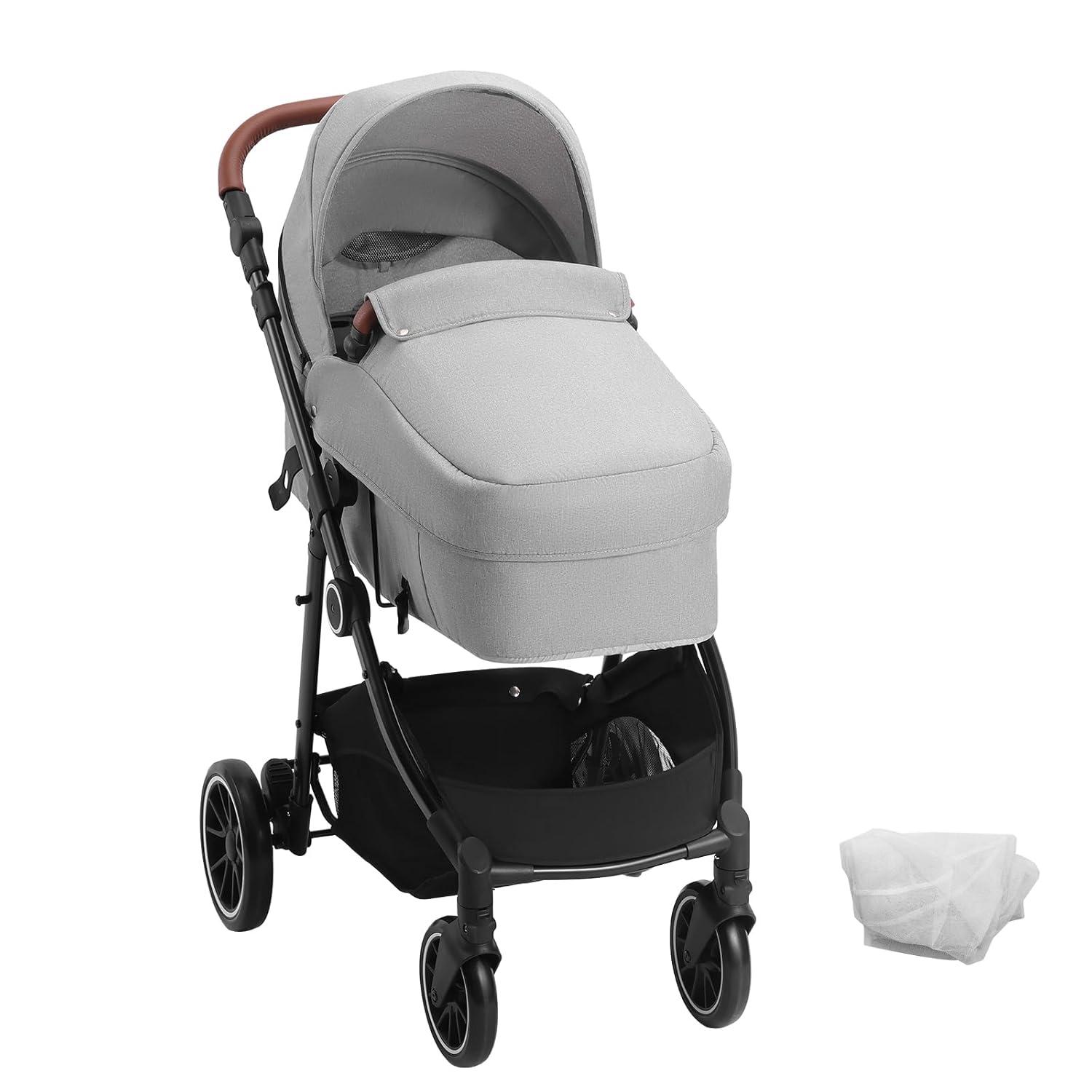 Light Gray All-Terrain Steel Bassinet Baby Stroller