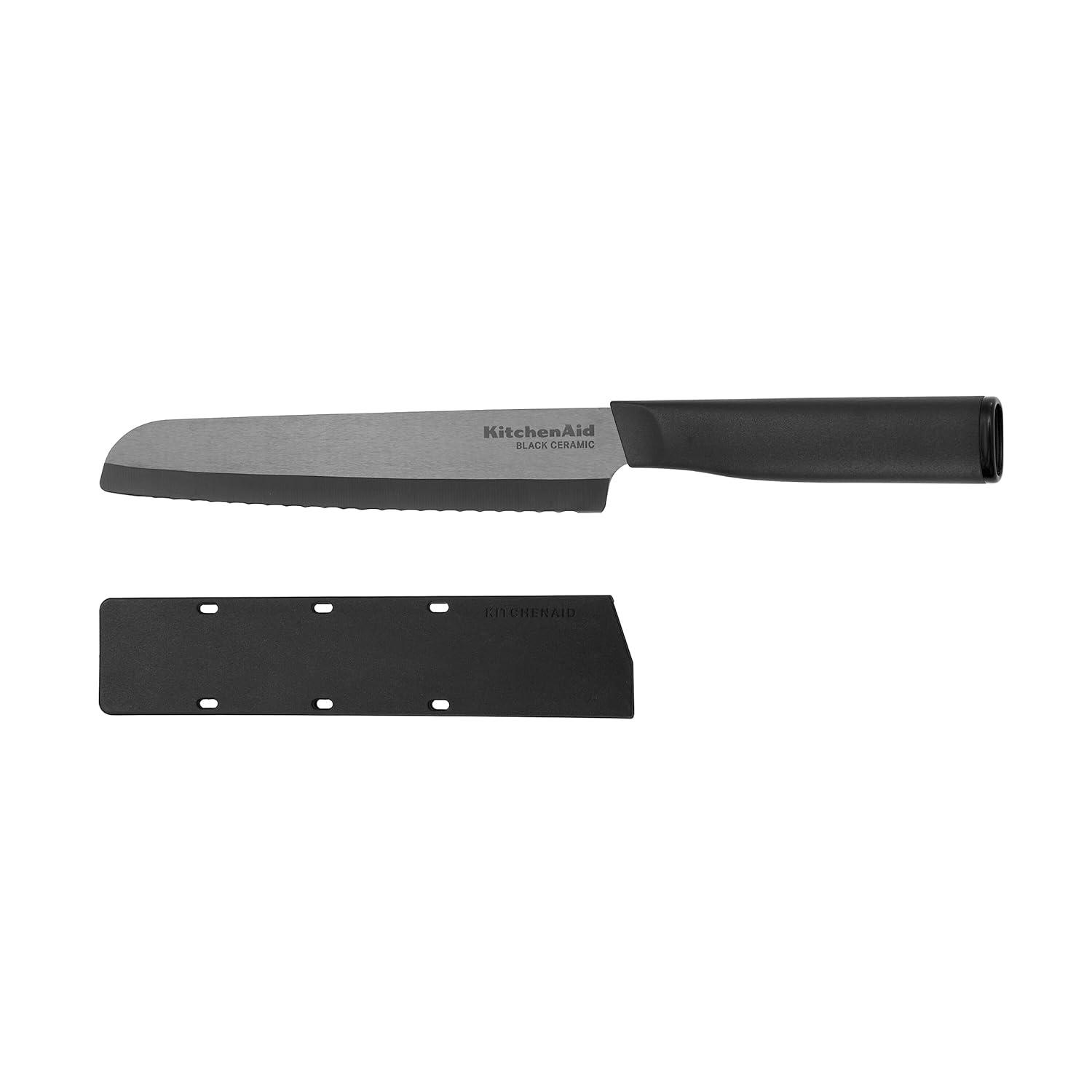 Kitchenaid Classic Ceramic Serrated Bread Knife with Endcap and Blade Cover, 6-inch, Black