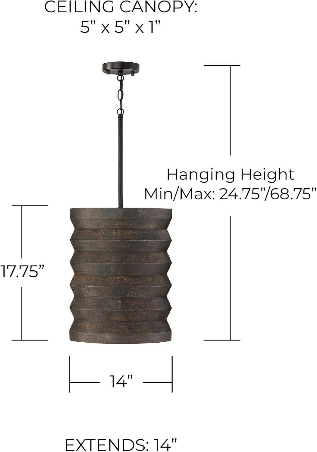 14" W x 18" H 1-Light Pendant in Matte Black and Handcrafted Mango Wood in Espresso Stain