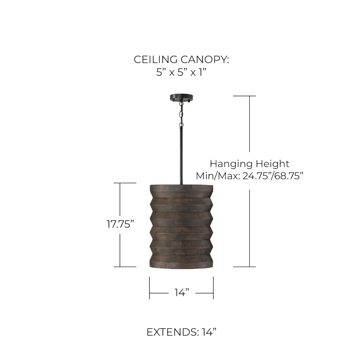 14" W x 18" H 1-Light Pendant in Matte Black and Handcrafted Mango Wood in Espresso Stain