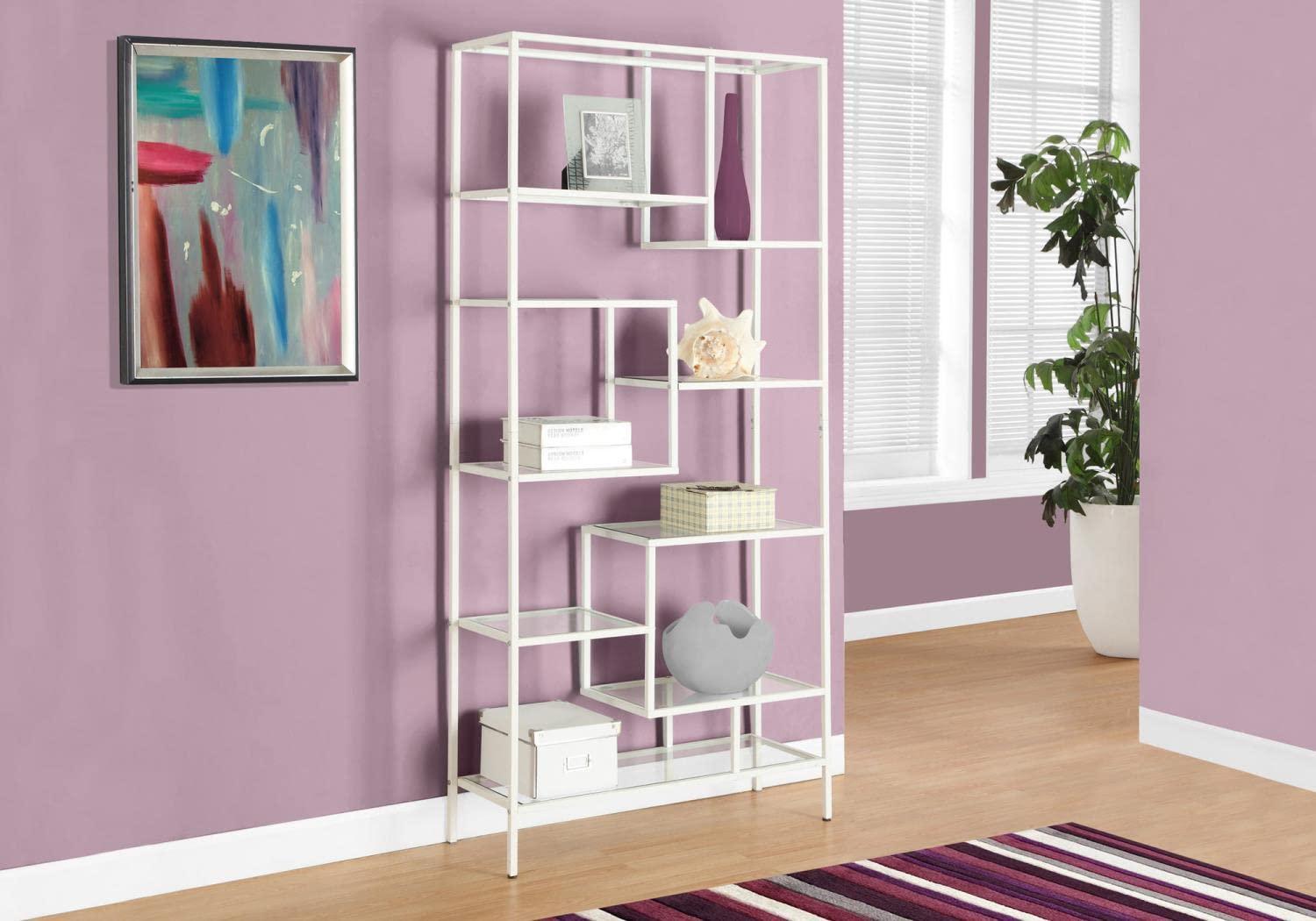 Alieon 7159 Bookshelf, Bookcase, Etagere, Office, Bedroom, Metal, Tempered, Contemporary, Modern Bookcase-72, 32" L x 12" W x 72" H, White/Clear Glass