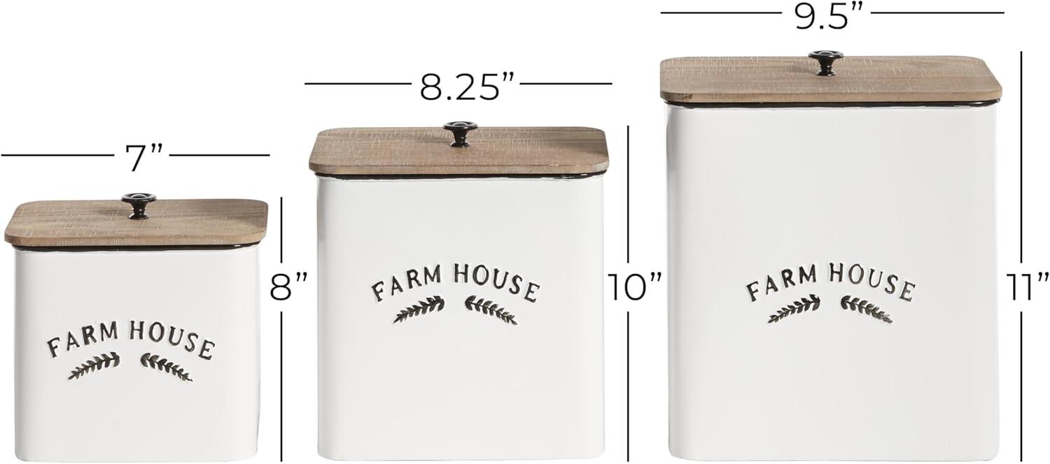 DecMode Farmhouse White Metal Canisters with Natural Brown Lid, Set of 3 11" , 9", 7"H