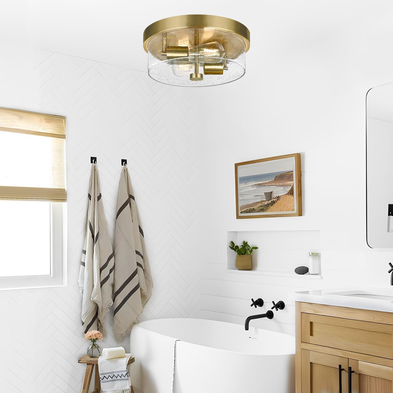 Flush Mount Ceiling Light Fixtures, 2-Light Brass Ceiling Mount for Farmhouse with Seeded Glass Lampshade, Industrial Hall Flush Mount Light Fixture for Hallway, Kitchen, Entryway, Bedroom and Foyer