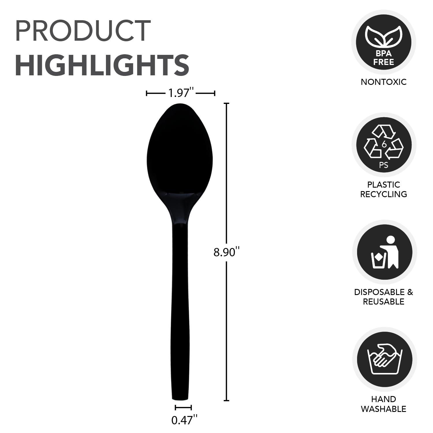 Party Essentials B9S-12/12 Black Plastic Serving Utensil, 9" Serving Spoons, 12 Count