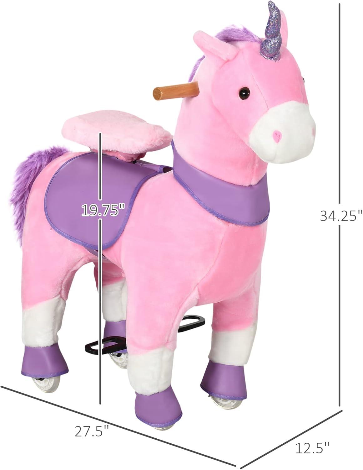 Qaba Ride On Real Walking Unicorn with Sparkly Horn, Soft Plush Ride On Rocking Horse Bearing 176lbs, Imaginative Interactive Toy for Kids, Unicorn Gifts