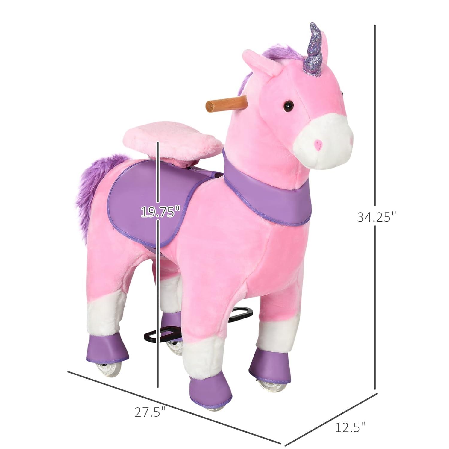 Qaba Ride On Real Walking Unicorn with Sparkly Horn, Soft Plush Ride On Rocking Horse Bearing 176lbs, Imaginative Interactive Toy for Kids, Unicorn Gifts