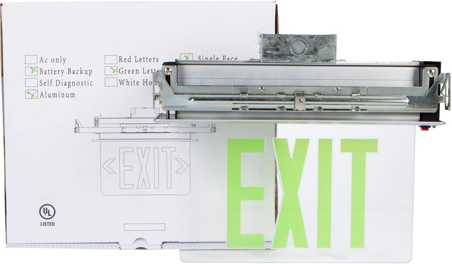 Recessed Mount Edge Lit LED Exit Signs Green on Clear Panel Aluminum Housing